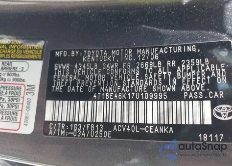 2007 Toyota Camry Le from USA, damaged, VIN 4T1BE46K17U109995